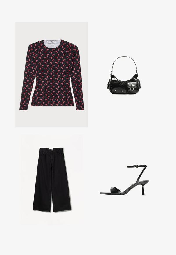 MARINE SERRE MOON CREWNECK - Hosszú ujjú felső - black/red; Bershka WIDE-LEG - Széles szárú - black; Bershka Magas sarkú szandálok - black; Fekete lakkbőr kézitáska ívelt formával, egy vállpánttal, elülső zsebekkel és ezüstszínű fémrészletekkel.