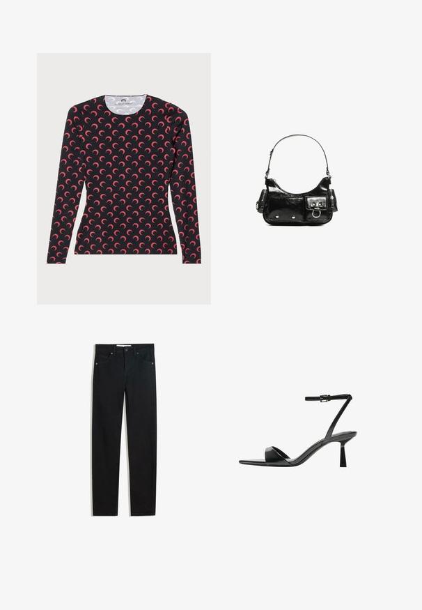 MARINE SERRE MOON CREWNECK - Langarmshirt - black/red; Schwarze Jeans mit geradem Bein, fünf Taschen, Metallknopfverschluss und dezenten Nähten. Glatte Textur.; Bershka High Heel Sandalette - black; Schwarze Lackleder-Handtasche mit geschwungenem Design, einem Schulterriemen, Vordertaschen und silberfarbenen Hardware-Akzenten.