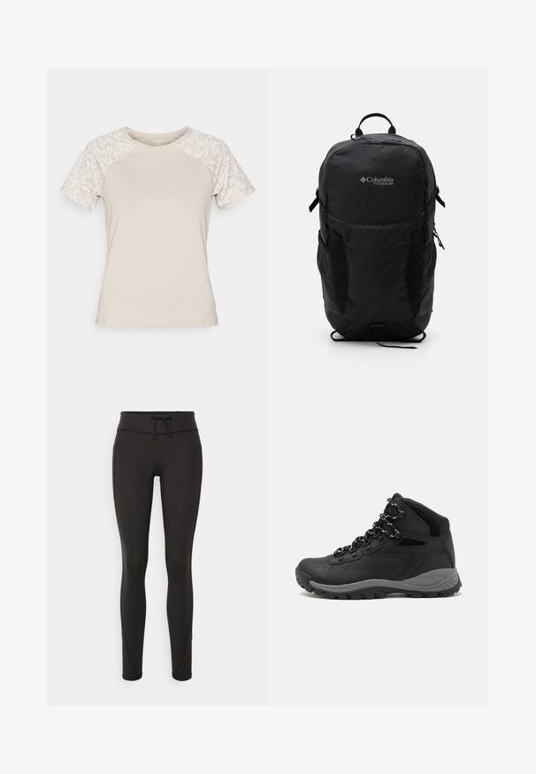Beige t-shirt med korta ärmar; strukturerad kropp och blommönstrade ärmar. Rund hals; mjukt tyg. Lämplig för avslappnad stil.; Svarta leggings med hög midja, snörning, slät textur och figurnära design. Har sömnadsdetaljer längs sidorna.; Svart vandringskänga med mellanhög design, som har en texturerad överdel, grå accenter och en slitstark gummisula med greppklackar.; Svart Columbia Titanium ryggsäck med en mjuk tygstruktur, sidofickor, handtag upptill och justerbara remmar. Minimalistisk design med diskret märkning.