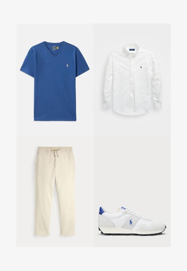 Modrý bavlněný tričko s krátkým rukávem a výstřihem do V, s malým bílým vyšitým logem na levé hrudi. Hladká textura, ležérní design.; Bílé košile na knoflíky vyrobené z bavlny. Má špičatý límec, dlouhé rukávy a malé námořnické logo na hrudi. Hladká textura.; Krémové casual kalhoty s elastickým pasem a stahovací šňůrkou, rovné nohavice a boční kapsy na jednoduchém pozadí.; Bílé atletické tenisky se šedými semišovými akcenty, vrchní část z yesu, modrý pata a černá gumová podrážka. Disponují šněrováním a logem.