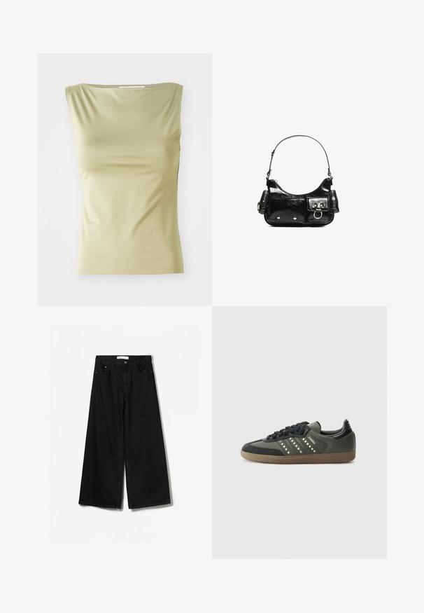Light green sleeveless top made of smooth fabric, featuring a round neckline and a fitted silhouette with subtle side seams.; Bershka WIDE-LEG - Wide Leg - black; adidas Originals SAMBA OG - Trainers - core black/legend earth/gum; Black patent leather handbag with a curved shape, one shoulder strap, front pockets, and silver-tone hardware accents.