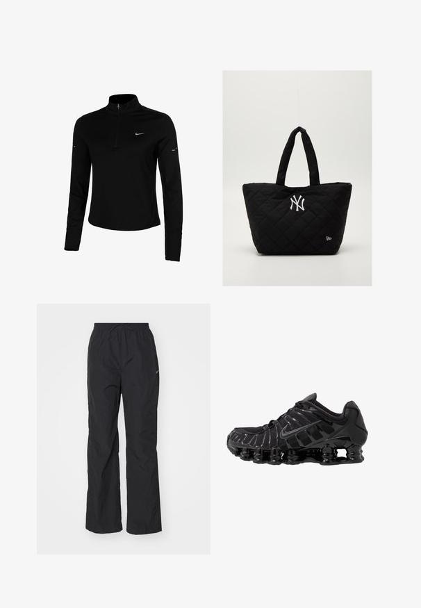 Maglietta sportiva nera a maniche lunghe con mezzo zip, colletto, logo Nike riflettente e cuciture piatte per comfort e vestibilità aderente.; Pantaloni neri leggeri con elastico in vita e cordoncino. Presentano una finitura testurizzata e un piccolo logo riflettente sul lato.; Scarpa sportiva nera con tomaia in mesh e sovrapposizioni lucide. Presenta un'imbottitura a molla curva e linee texturizzate sul lato. Logo Nike visibile.; Borsa a spalla nera imbottita con doppi manici, dotata di un logo bianco dei New York Yankees e un piccolo emblema del marchio sul lato.