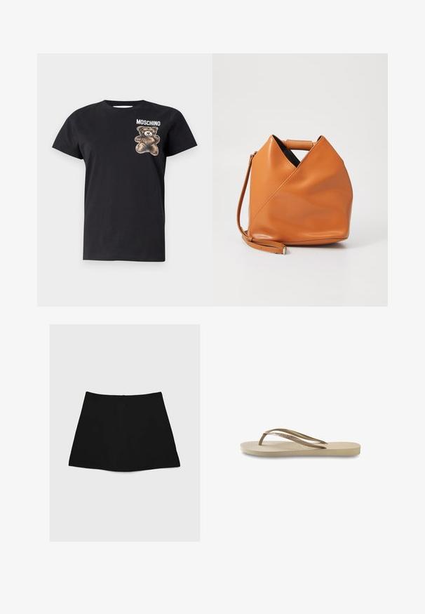 MOSCHINO T-shirts print - black; Sort mini nederdel med en glat tekstur, A-linjeform og buet nederkant. Har en lynlås bagpå til lukning, uden yderligere mønstre eller accenter.; Lys beige flip-flop med tekstureret fodseng, flad sål og tynde, blanke stropper. Har subtil branding på stroppen.; Tan læder taske med unikt trekantet foldedesign, top hanke og aftagelig skulderrem på hvid baggrund.