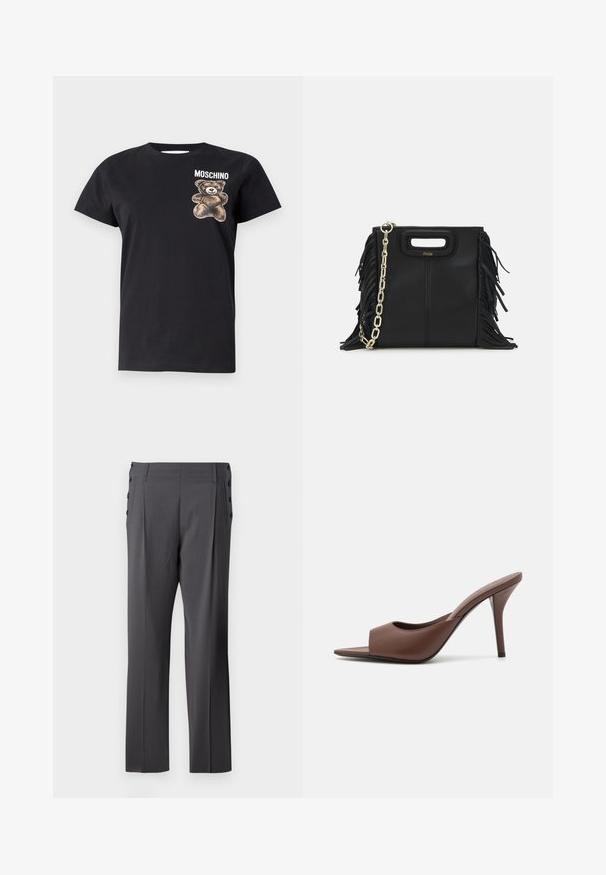 MOSCHINO - T-shirt z nadrukiem; Szare eleganckie spodnie o prostym kroju, z fałdami z przodu i dekoracyjnymi guzikami po bokach dla dodatkowego efektu. Gładka faktura materiału.; Brązowe skórzane klapki na wysokim obcasie z odkrytymi palcami o eleganckim wzornictwie, z szerokim przednim paskiem i smukłym obcasem typu stiletto.; Czarna skórzana torebka na ramię z frędzlami, złotym łańcuszkiem oraz wyciętym uchwytem. Posiada umieszczone na przodzie logo.