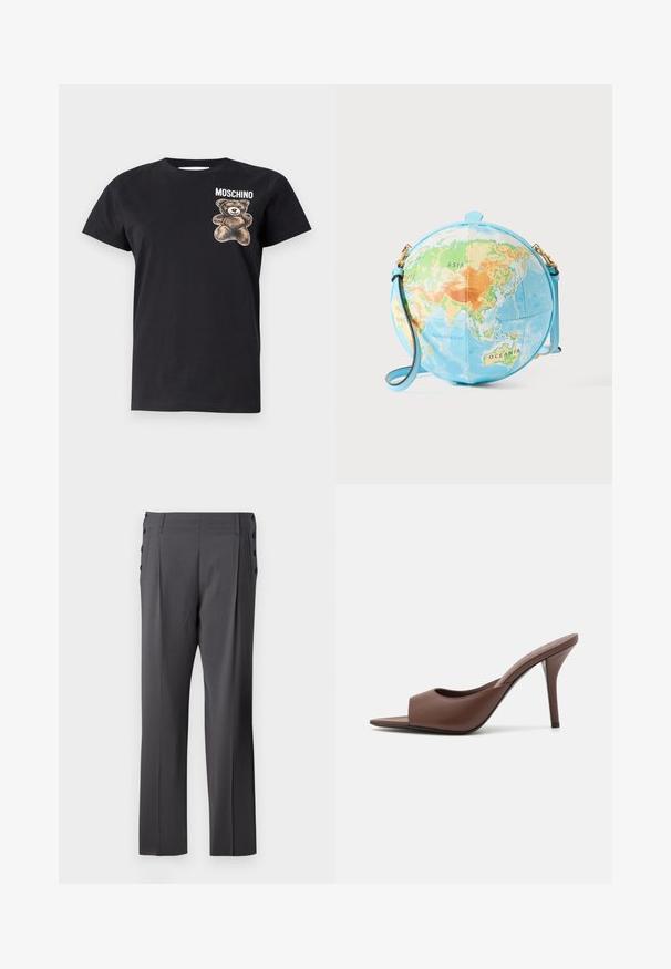 MOSCHINO Print T-shirt - black; Gray tailored pants featuring a straight leg design, front pleats, and decorative side buttons for added detail. Smooth fabric texture.; Brown leather open-toe high-heeled mules with a sleek design, featuring a wide front strap and a slender stiletto heel.; Round crossbody bag resembling a globe, featuring a light blue base with detailed map in green, orange, and blue tones; gold hardware accents.