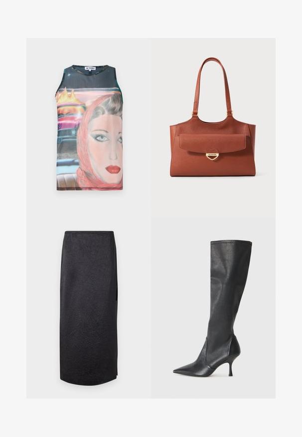 Mouwloze, straksluitende tanktop met een retro grafische print van een vrouwenface en een vintage auto, in levendige kleuren en zachte stof.; Zwarte midi-rok met een gekreukt textuur, rechte snit en zijsplit. Materiaal lijkt lichtgewicht. De zoomlijn is iets afgerond.; Kniehoge zwarte leren laarzen met een spitse neus en een slanke stilettohak. Glad textuur met een aansluitend ontwerp en stiksels aan de bovenrand.; Bruine leren tote bag met lange handvatten, voorflapzak, en gouden hartvormige sluiting gegraveerd met "Love Moschino."