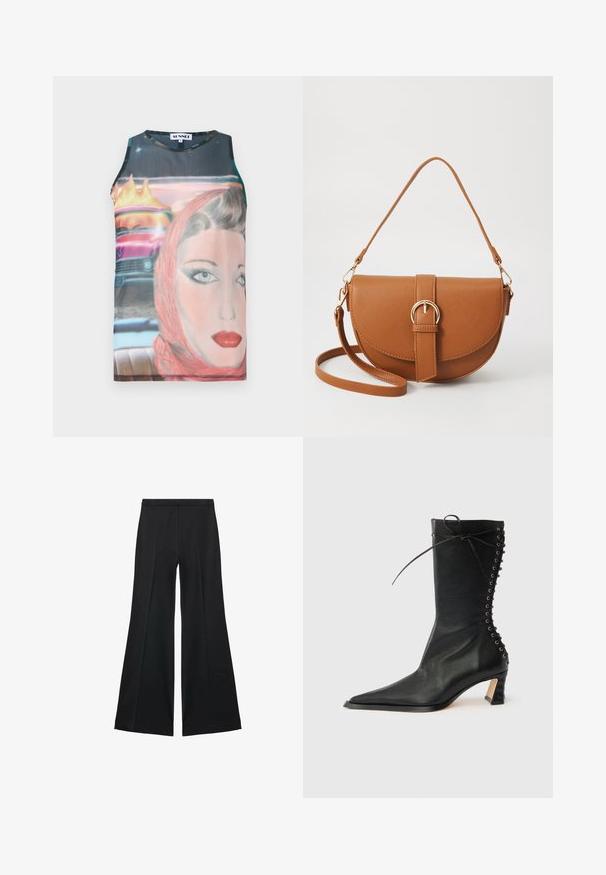 Sleeveless, fitted tank top with a retro graphic print featuring a woman's face and a vintage car, in vibrant colors and smooth fabric.; Black wide-leg pants with a smooth texture, featuring front pleats and a tailored design. The fabric is lightweight and flowy.; Black leather ankle boot with pointed toe, slim heel, lace-up detail at back, and metal eyelets. Smooth texture with a sleek design.; Brown leather crossbody bag with a curved shape, gold hardware, and a buckle accent. Features a detachable shoulder strap.
