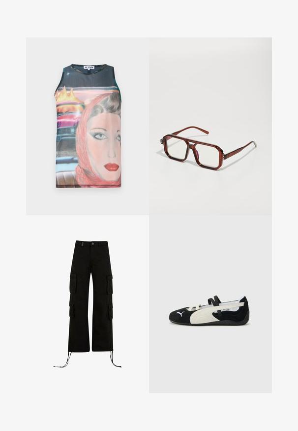 Bezrukávový, padnoucí top s retro grafickým potiskem, který zobrazuje ženskou tvář a vintage auto, v živých barvách a hladké látce.; Černé cargo kalhoty s volným střihem, které mají boční cargo kapsy, stahovací spodní okraje a zapínání na knoflík v pase.; Černá a krémová ultralehká bota s nubukovým svrškem, plochou podrážkou, elastickými popruhy a malým logem na špičce.; Hnědé transparentní oversized brýle s obdélníkovými skly a štíhlými rámky. Šikmé, mírně zaoblené rohy a viditelné kovové detaily.