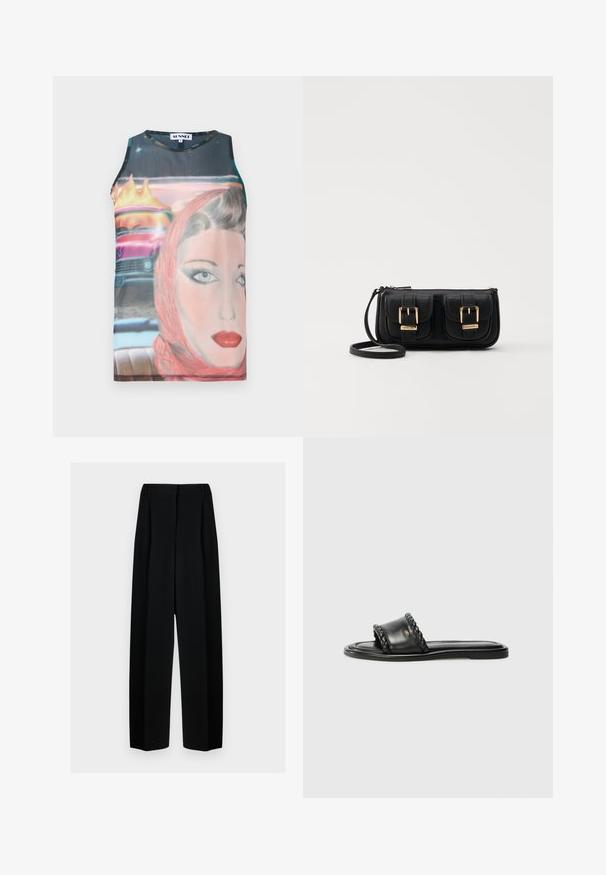 Top sin mangas, ajustado, con un estampado gráfico retro que presenta la cara de una mujer y un coche vintage, en colores vibrantes y con una tela suave.; Pantalones de pierna ancha negros con cintura alta, que presentan pliegues y una textura suave. El tejido parece ligero y se drapea de forma elegante.; Sandal de cuero negro con detalle de correa trenzada, suela plana y un diseño elegante. Textura suave y perfil minimalista.; Bolso cruzado de cuero negro con dos bolsillos frontales, hebillas doradas, cierre de cremallera y una correa delgada. Superficie texturizada y forma rectangular compacta.