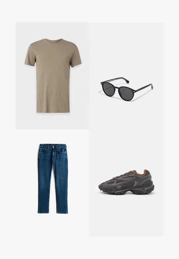 Beige kortermet t-skjorte laget av mykt stoff, med rund hals og en liten brodert logo på venstre bryst.; Mørkeblå denimjeans, rett ben-design, fem-lommers stil, med subtile slit og kontrastsøm, metallknapp og glidelås-lukking.; Lacoste-sneakers i mørkegrått med mesh- og syntetisk materiale, med en teksturert såle og brune detaljer på kragen og merket.; BOSS Solbriller - black