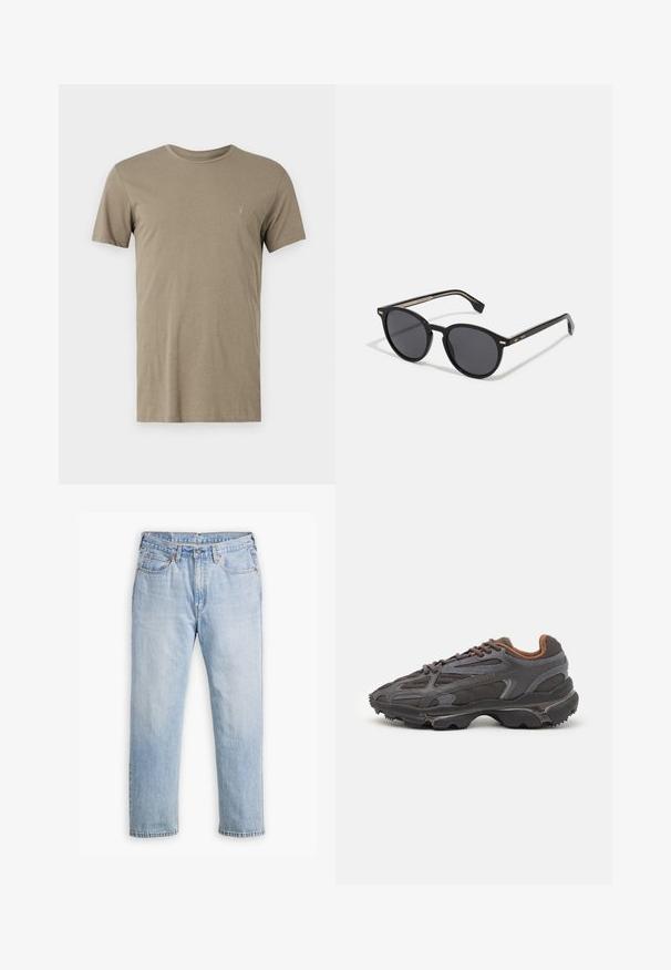 T-shirt de manga curta na cor caqui, feita de um tecido macio, com decote redondo e um pequeno logotipo bordado no lado esquerdo do peito.; Jeans de denim azul claro com um design de perna reta, estilo de cinco bolsos e costura contrastante. Fecho com botão e zíper na cintura.; Ténis Lacoste em cinza-escuro com material em malha e sintético, apresentando uma sola texturizada e detalhes castanhos na gola e na marca.; BOSS Óculos de sol - black