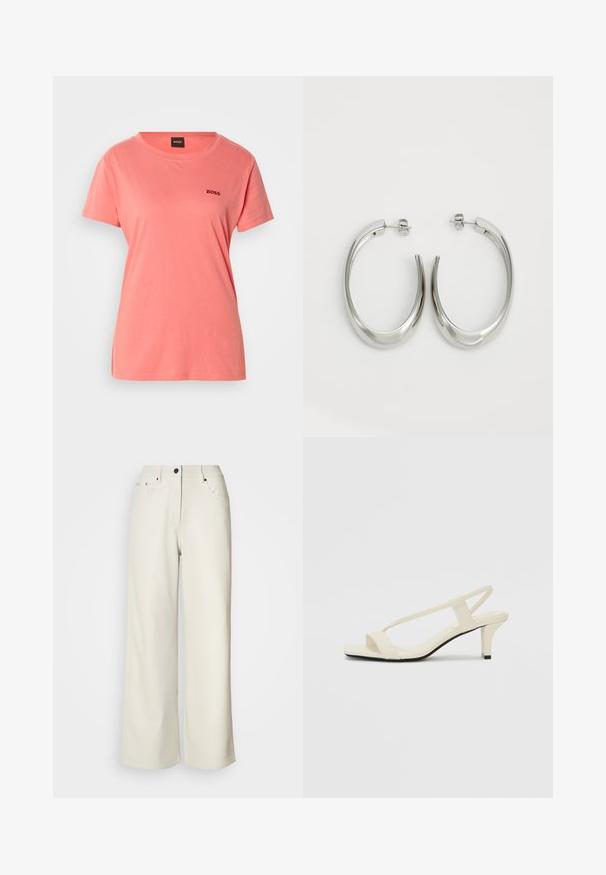 Tricou scurt din bumbac, de culoare coral, cu mânecă scurtă. Are un guler rotund și un mic logo negru "BOSS" brodat pe piept.; Pantaloni largi crem dintr-o țesătură netedă. Prezentând o talie medie, închidere cu fermoar și două buzunare frontale cu accente de metal negru.; Sandale bej cu toc bloc, cu bretele subțiri și vârf pătrat. Material neted cu detalii minime, concepute pentru a fi ușor de purtat.; Cercei din argint, cu un design neted și curbat. Prezintă o finisare metalică strălucitoare și închidere cu stud. Fără modele sau accente vizibile.