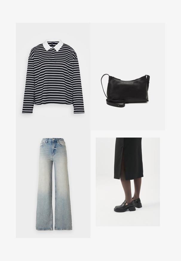 Black and white striped long-sleeve polo shirt with a white collar and relaxed fit, featuring horizontal stripes and soft fabric texture.; Light blue wide-leg jeans made of denim, featuring a high waist, five pockets, and visible stitching along the seams.; Black leather shoes with a rounded toe, thick block heel, and elastic side accents, paired with dark tights and a black skirt with a slit.; Black leather shoulder bag with a smooth texture, curved shape, adjustable strap, and a zip closure. Minimalist design without embellishments.