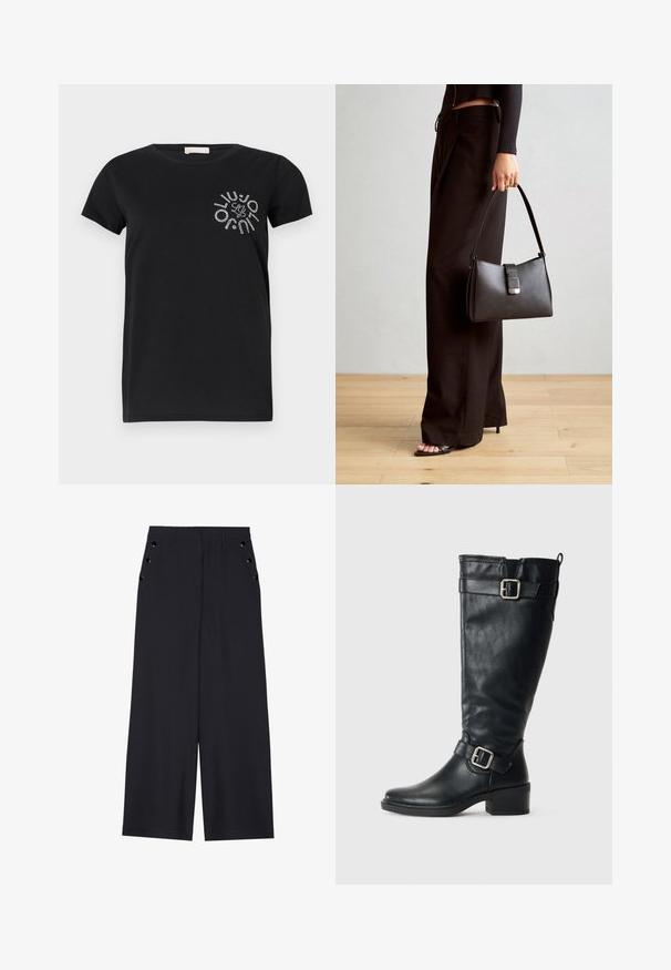 T-shirt in cotone nero con maniche corte e scollatura rotonda. Presenta una grafica di strass metallici sull'area del petto sinistro.; Pantaloni a gamba larga in tessuto blu scuro, con una superficie liscia, pieghe frontali e occhielli decorativi in tono oro sui taschini laterali.; Alto stivale in pelle nera con tacco basso, fibbie decorative vicino alla caviglia e in cima, e una linguetta nella parte posteriore.; Borsa nera con forma strutturata, texture liscia e una chiusura metallica. Abbinata a pantaloni neri larghi e sandali open-toe su un pavimento in legno.