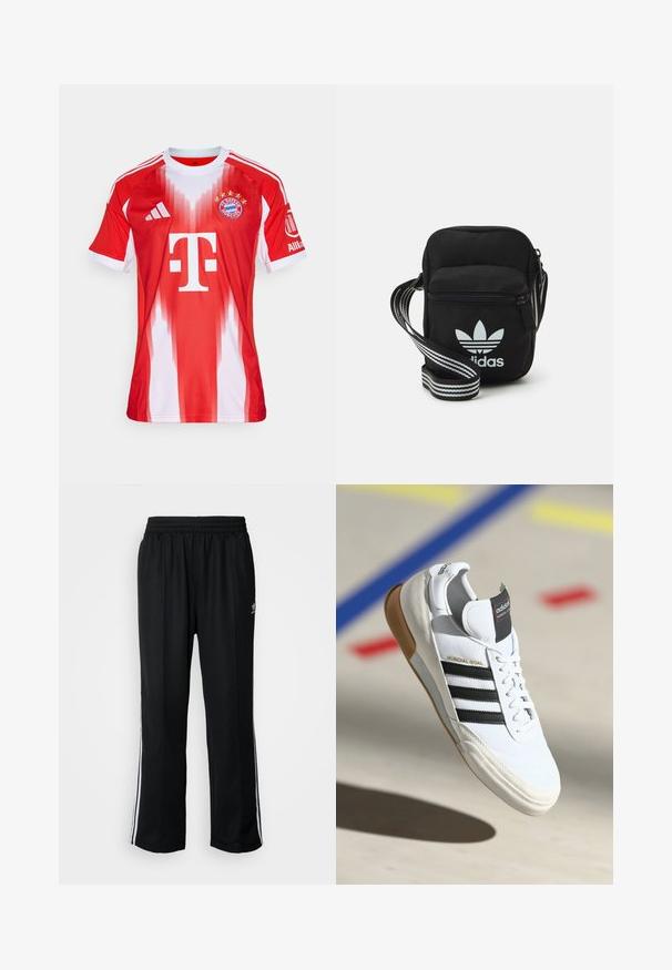 Raudona ir balta futbolo marškinėliai su gradientiniu dizainu, lengvas audinys, apvalus kaklas, trys juostelės ant pečių, logotipai ir penkios žvaigždės.; Juodi sportiniai keliai su elastingu juosmeniu, su baltais šonais ir mažu logotipu. Atrodo, kad medžiaga yra minkšta ir lengva.; Balti Adidas Mundial Goal sportiniai batai su juodomis juostelėmis ir guminiu padu, pavaizduoti ore virš sporto aikštelės grindų su spalvotomis linijomis.; Juodas audinio per petį nešiojamas krepšys su užtrauktuku, turintis baltą Adidas logotipą ir dryžuotą reguliuojamą diržą patogiam nešiojimui.