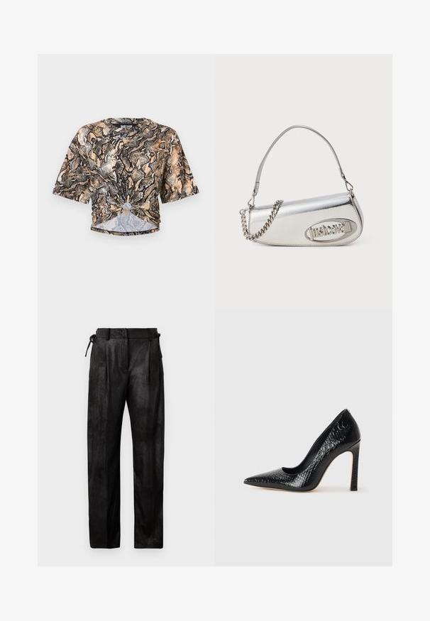 Just Cavalli PYTHON - T-Shirt print - marzapan\curry; Schwarze, hoch geschnittene Hose aus strukturiertem Material. Merkmale sind ein gerader Beinverlauf, Falten und ein verstellbarer Kordelzug in der Taille.; Schwarzer, spitz zulaufender High Heel mit Krokodilleder-Struktur, elegantem Design, hohem Stiletto-Absatz und glattem schwarzen Innenraum.; Silberne metallische Handtasche mit einer abgerundet dreieckigen Form, ausgestattet mit einem Logo, einer Kettenriemen und einer glatten Textur. Reißverschluss an der Seite.