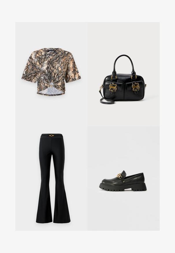 Just Cavalli PYTHON - Print T-shirt - marzapan\curry; Black flared pants with a smooth texture, featuring a fitted waist and a gold circular accent in the front. Made from stretchy material.; Black leather loafer with a thick, textured rubber sole. Features a gold chain accent across the vamp and a rounded toe design.; Black textured leather handbag with dual top handles, two front pockets, and gold hardware accents. Features a detachable shoulder strap.