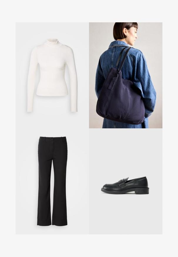 Cămașă cu mânecă lungă și guler înalt dintr-un material alb moale, design ajustat cu guler fără cusături, fără modele sau accente, textură netedă.; Pantaloni negri dintr-un amestec de bumbac, cu un design drept, închidere frontală cu buton și două buzunare laterale. Textură netedă, fără modele vizibile.; Mocasini negri din piele cu vârf rotunjit, detalii cusute și un toc mic. Textură netedă și talpă flexibilă din cauciuc.; Geantă de umăr din pânză navy cu o formă moale și structurată, având o curea neagră, detalii cusute și un eticheta mică a brandului.