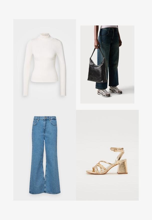 Dlouhý rukáv rolák z jemné bílé látky, přiléhavý střih bez švů kolem krku, bez vzorů nebo akcentů, hladká textura.; Světle modré rozšířené džíny z denimu, se zvýšeným pasem, pěti kapsami a jedním knoflíkem na zapínání. Měkký povrch s vybledlým vzhledem.; Zlaté metalické sandály na podpatku s páskovým designem, čtvercovým blokovým podpatkem a nastavitelným kotníkovým popruhem se sponou. Hladký povrch.; Černá kožená kabelka přes rameno se hladkým povrchem a nastavitelným popruhem, spárovaná s vybledlými džínami širokého střihu a sportovními teniskami.
