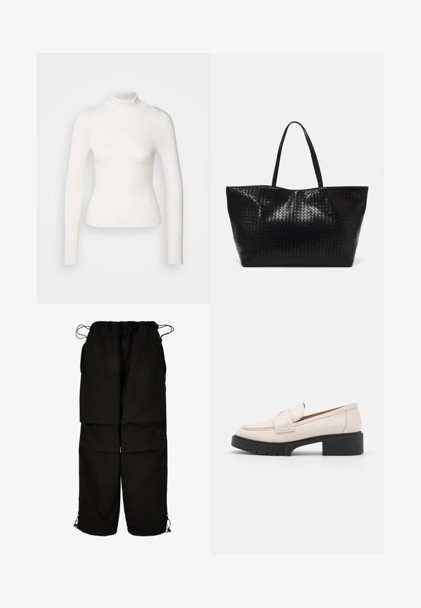 Langærmet turtleneck-top i blødt hvidt stof, tætsiddende design med en sømløs hals, uden mønstre eller accenter, glat tekstur.; Sorte bukser lavet af letvægtsstof, med justerbar talje og snoretræk i bunden. Designet med en løs, oversized pasform og flere lommer.; Lys beige læder loafers med en syet front og en tekstureret sort platformhæl. Har et buet design og en let hævning.; Sort vævet tote bag med to robuste håndtag, der har en blank overflade og et rummeligt åbent top design.