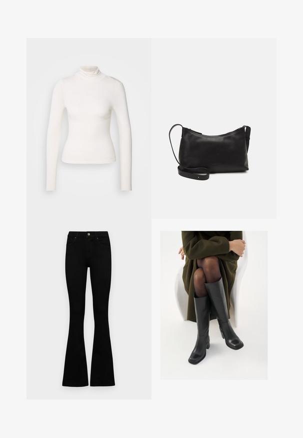 Maglia a maniche lunghe con collo alto in morbido tessuto bianco, design aderente con collo senza cuciture, senza motivi o dettagli, texture liscia.; Jeans neri a vita alta con chiusura a bottoni e zip, tasche frontali e gambali svasati, distesi su uno sfondo bianco.; Stivali neri in pelle alti fino al ginocchio con punta squadrata e tacco a blocco, mostrati con un modello seduto in un cappotto verde oliva. Texture liscia, dettagli minimi.; Borsa a spalla in pelle nera con una texture liscia, forma curva, tracolla regolabile e chiusura con zip. Design minimalista senza ornamenti.