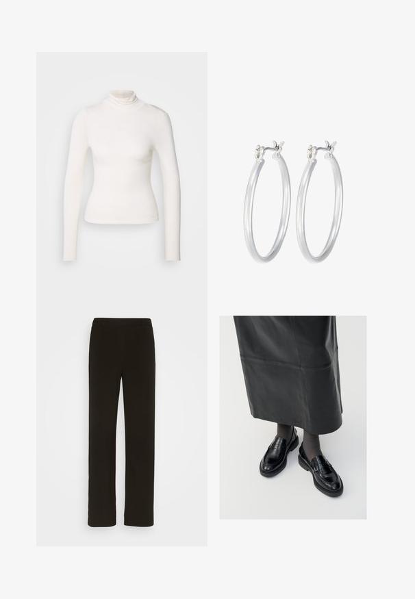 Top de cuello alto de manga larga en suave tejido blanco, diseño ceñido con un cuello sin costuras, sin estampados ni acentos, textura suave.; Pantalones negros de pierna recta, confeccionados en tejido plano, con frente liso, dos bolsillos laterales y una textura suave. Sin patrones ni adornos visibles.; Mocasines de cuero negro con un acabado suave, que presentan una tira decorativa, puntera redonda y suela texturizada. Llevados con una falda larga de cuero negro.; Pendientes de aro de plata con un acabado liso y pulido. Forma redonda y cierre de click seguro. Diseño ligero adecuado para el uso diario.