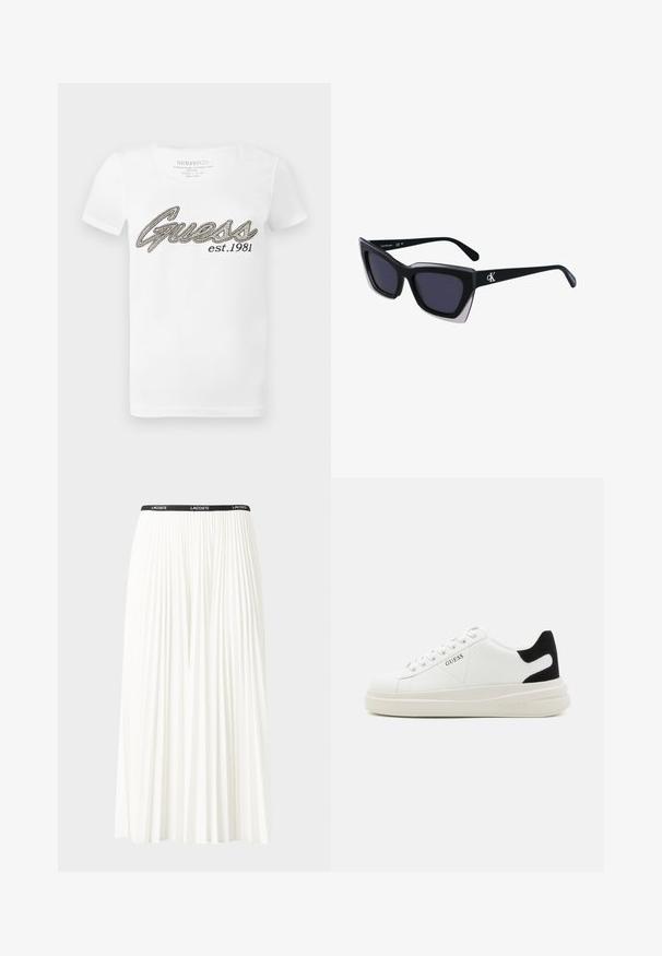 Balts kokvilnas T-krekls ar īsām piedurknēm, uz kura priekšpuses ir melnā un sudraba krāsā izšūts "Guess" logo un teksts "est. 1981".; Gari plānas baltas svārku ar melnu elastīgu jostu, uz kuras redzams "LACOSTE" logo. Vidēja garuma dizains ar mīkstu tekstūru.; Baltas ādas sporta apavi ar biezu balto zoli, melna zamša uzpura un izspiestais logotips sānos. Šņorējuma dizains ar sešiem acu caurumiem.; Melni pārmēru saulesbrilles ar ģeometrisku formu, kas aprīkotas ar tumšiem stikliem un kontrastējošu pelēku akcentu uz rāmja. Logo uz kājas.