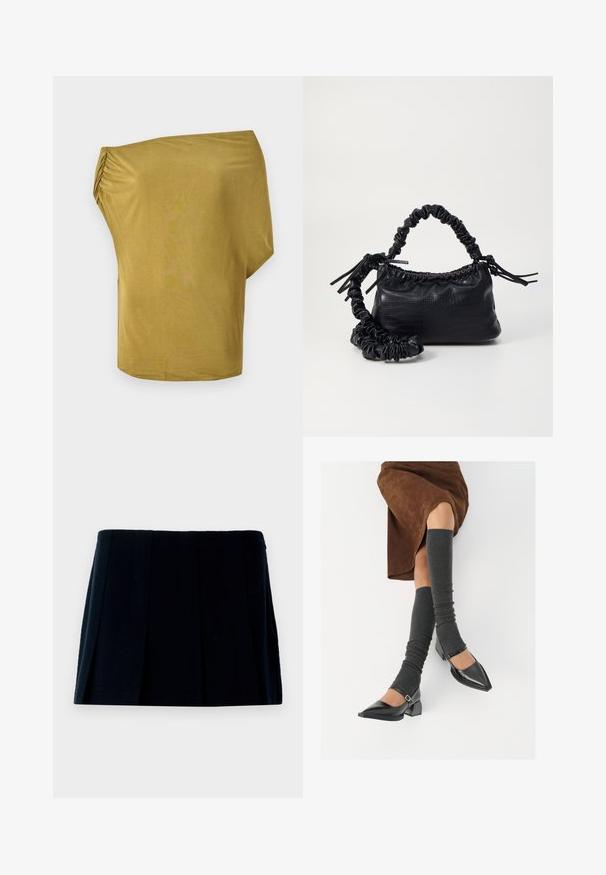 Voľný top s odhalenými ramienkami v horčicovej žltej farbe, vyrobený z mäkkej látky s narysovanými detailmi na jednej strane, hladkou textúrou a zakriveným spodným lemom.; Čierna plisovaná mini sukňa vyrobená z textílie. Má priamy pás a množstvo vertikálnych skladov pre tvar a štruktúru.; Čierne lakované kožené topánky s špicatou špičkou, blokovým podpätkom a členkovým remienkom, ktoré sú kombinované so šedými rebrovanými legínami a hnedou zamšovou sukňou.; Čierna umelá kožená kabelka s kroko vzorom, sťahovaným vrchom a zhnutým popruhom. Vyzerá mäkko a kompaktné v dizajne.