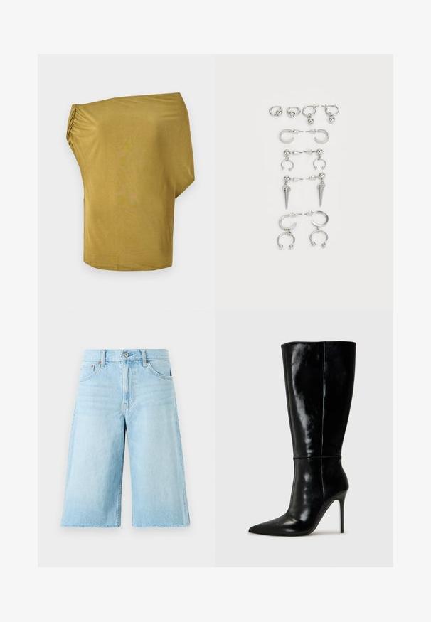 Lös passform, off-shoulder topp i senapsgul, tillverkad i mjukt tyg med rynkade detaljer på ena sidan, slät textur och rundad nederkant.; Ljusblå denimshorts med lös passform, fransad nederkant, fem fickor och metallbeslag. Klassisk jeansdesign med subtil blekning.; Svarta läderknähöga stövlar med spetsig tå och hög stilettklack. Slät textur och elegant design med minimal detaljer.; Ett set silverörhängen med olika utformningar: ringar, stift och hängande stilar, med bollar och spetsiga detaljer.