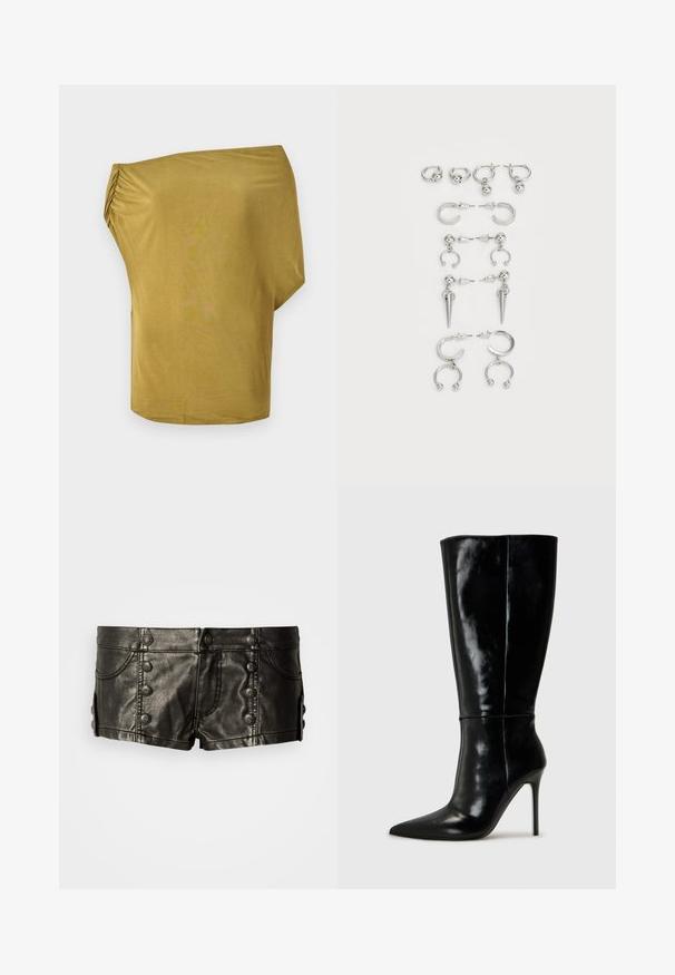 Labava majica s otpuštenim ramenima u senfu žutoj boji, napravljena od mekog materijala s naboranim detaljima na jednoj strani, glatke teksture i zakrivljenim rubom.; Crne kožne kratke hlače s niskim strukom, ukrašene metalnim gumbima sprijeda i sa strane, s prednjim džepovima i detaljima šavova.; Crne kožne čizme do koljena s oštrim vrhom i visokim stiletto potpeticama. Glatka tekstura i sofisticirani dizajn, s minimalnim detaljima.; Set srebrnih naušnica koje sadrže razne dizajne: kružne, naušnice s dugmetom i viseće stilove, s lopticama i oštrim elementima.