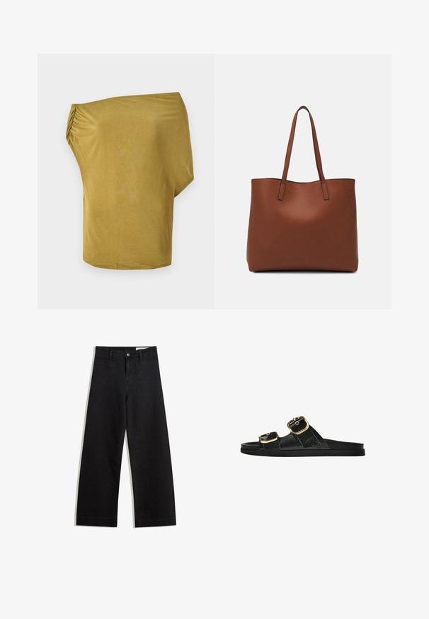 Lös passform, off-shoulder topp i senapsgul, tillverkad i mjukt tyg med rynkade detaljer på ena sidan, slät textur och rundad nederkant.; Svarta vida denimbyxor med hög midja, med fram- och bakfickor, sydda sömmar och knappstängning. Slät textur.; Svart glidsandal med två guldfärgad spännen, slät textur av material, platt sula och en minimalistisk design.; Brun läder tote-väska med en slät textur, öppen toppdesign och två axelremmar. Har minimal söm och ingen synlig metalldetalj.