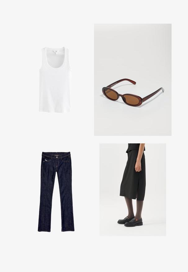 Débardeur blanc en coton côtelé, avec un décolleté en scoop et de larges bretelles, sans motifs ni accents visibles.; Jean en denim bleu foncé avec une coupe droite, dotée d'une fermeture à bouton à l'avant, de cinq poches et de coutures visibles le long des coutures.; Jupe noire mi-longue avec fente sur le côté, assortie à des mocassins noirs et des collants bruns transparents, dotée d'un tissu lisse et d'un design simple.; Lunettes de soleil rondes teinte brun avec une monture bordeaux brillante. Branches fines avec un détail de marque subtil. Design de verres plats.; Ensemble de huit boucles d'oreilles en métal aux teintes argentées et dorées. Comprend différents styles de créoles, textures et fins, classés par taille.