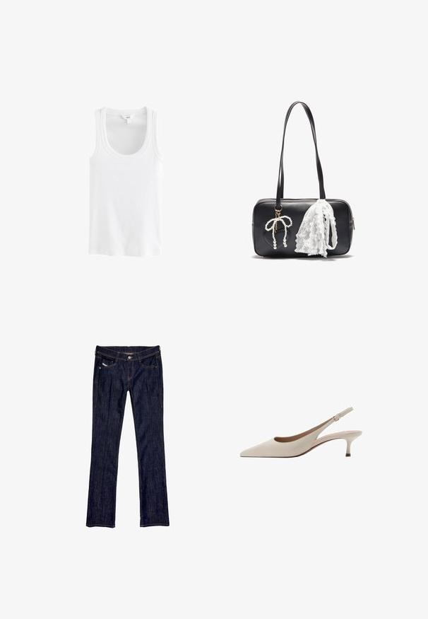 Witte tanktop gemaakt van geribd katoen, met een ronde hals en brede schouderbanden, zonder zichtbare patronen of accenten.; Donkerblauwe denim jeans met een rechte pijp, voorzien van een sluiting met een knoop aan de voorkant, vijf zakken en zichtbare stiksels langs de naden.; Beige slingback hakken met een puntige neus en een lage, uitlopende hak. Gemaakt van glad leer met een minimalistisch ontwerp en een verstelbare band.; Even&Odd Handtas - black