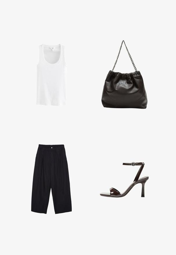 Canotta bianca realizzata in tessuto di cotone a coste, con scollatura rotonda e spalline larghe, senza motivi o dettagli visibili.; Pantaloni culotte neri in poliestere con una cintura elastica, due pieghe frontali e una silhouette ampia. Nessun motivo visibile o dettagli in metallo.; Sandalini con tacco alto in pelle verniciata marrone, con cinturino alla caviglia, punta aperta e un design elegante e minimalista. Presentano un tacco quadrato.; Borsa in pelle marrone con parte superiore arricciata e tracolla a catena. Texture liscia con finitura lucida e dettagli di cucitura sottili sui lati.