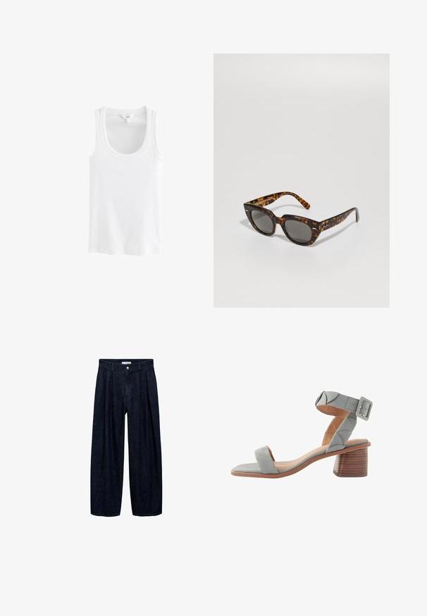 Top alb din bumbac ribanat, cu decolteu rotund și bretele late, fără niciun model sau accent vizibil.; Pantaloni largi din denim închis, cu pliseuri la talie, având un button frontal și pasaje pentru curea. Textură netedă și design pe întreaga lungime.; Next FOREVER COMFORTREGULAR FIT - Sandale - blue; Ochelari de soare din material țestoasă, cu rame unghiulare și lentile gri. Prezintă un finisaj lucios și un branding subtil pe brațele ochelarilor.; Geantă de umăr din piele neagră cu o textură netedă, formă ușor curbată și un accent de fermoar auriu. Dispune de o curea largă pentru o purtare ușoară.
