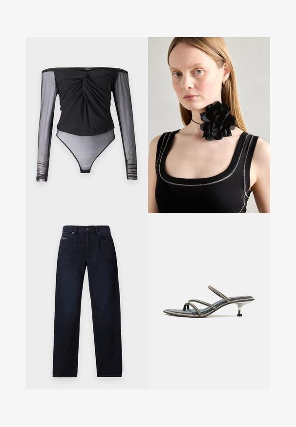 Sort bodysuit med lange, gennemsigtige mesh ærmer, snoet frontdetalje og en tætsiddende silhuet. Glat stof med en semitransparent bund.; Mørkeblå straight-leg jeans med forlommer, bæltestropper og knaplukning, lagt fladt på hvid baggrund.; Denim sandal med tre tynde remme dekoreret med rhinsten, spids tå og en metallisk stilettohæl. Skridsikker sål.; Sort blomsterchoker halskæde lavet af lagdelte kronblade, båret med en sort ribbet tanktop med sølv-accenter langs halsudskæringen og skuldrerne.