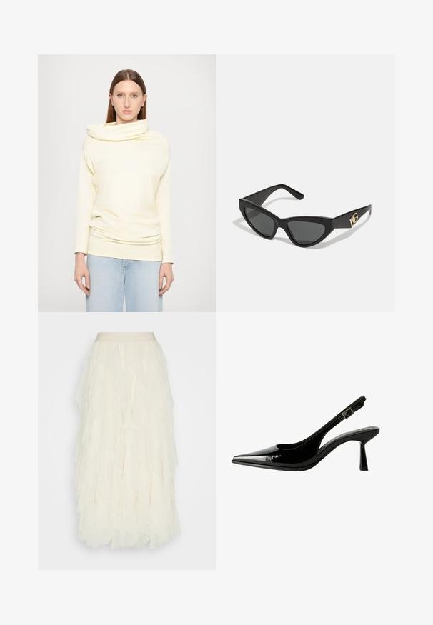 Langärmliges Oberteil mit Schalkragen aus weichem, hellgelbem Stoff, das einen lässigen Schnitt und einen drapierten Stil aufweist, kombiniert mit hellblauen Jeans.; Cremefarbener Tüllrock mit mehreren Volants. Verfügt über einen glatten Bund und eine strukturierte, transparente Oberfläche. Fällt bis zur Mitte der Wade.; Schwarze Lackleder Slingback-Pumps mit spitzem Zeh, ausgeschnittenen Seiten, verstellbarem Knöchelriemen und einem dünnen, eleganten Absatz.; Cat-Eye-Sonnenbrille mit mattem schwarzen Kunststoffrahmen, dunklen Gläsern und einem goldenen Logoplatz auf dem Bügel. Winkeliges Design und glatte Oberfläche.