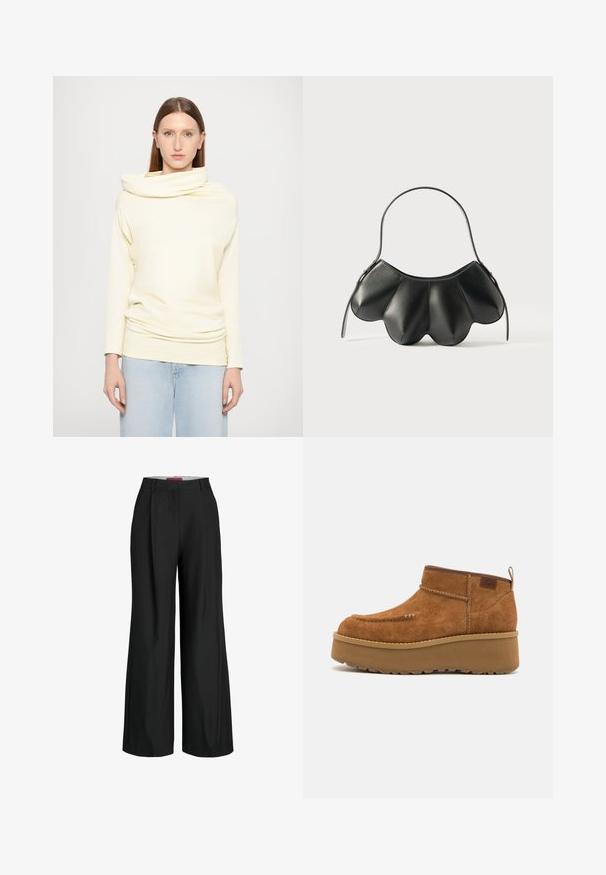 Long-sleeve, cowl-neck top in soft light yellow fabric, featuring a relaxed fit and draped design, paired with light blue jeans.; Black wide-leg trousers with a tailored design, featuring pleats and a smooth fabric texture. Clean lines and no visible hardware or accents.; Brown suede ankle boots with a rounded toe, platform sole, and a stitched detail. Features a pull tab on the back for easy wear.; Black leather handbag with a curved shell-like design, featuring a single strap and a zipper closure. Smooth texture with stitched accents.