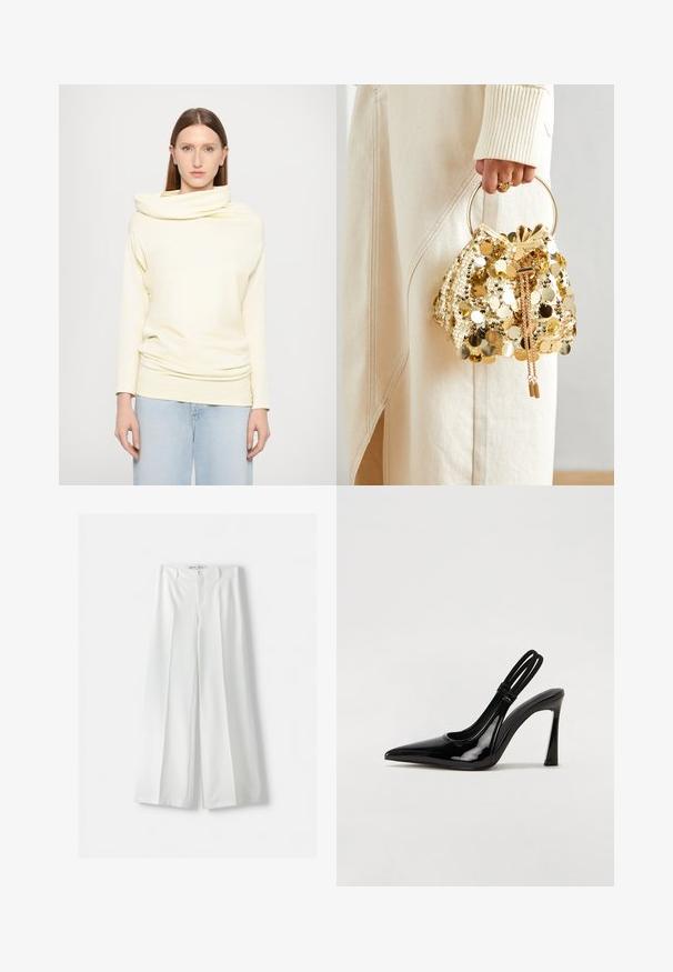 Long-sleeve, cowl-neck top in soft light yellow fabric, featuring a relaxed fit and draped design, paired with light blue jeans.; Bershka WIDE-LEG TAILORED - Trousers - white; Black patent leather slingback pump with pointed toe, slender high heel, and dual elastic strap for secure fit. Smooth, shiny surface.; Gold sequin drawstring handbag with a circular handle, featuring shiny round sequins and a textured fabric. Dimensions are not provided.