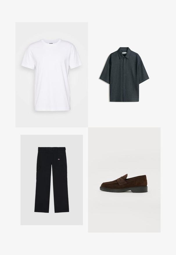 Bela bombažna majica s krojem okroglih ovratnikov in kratkimi rokavi. Ima ravno krojenje, z imenom blagovne znamke "WEEKDAY" natisnjenim znotraj ovratnika.; Majica s kratkimi rokavi in gumbom iz temnega denima, s klasičnim ovratnikom, ravnim krojem in ravnim sprednjim delom brez žepov.; Črne cargo hlače iz bombaža, ki imajo več žepov, gladko teksturo in logotip na zadnjem desnem žepu.; Rjavi semiš loaferji s zaobljenim nosom in trdnim črnim gumijastim podplatom. Imajo okrasno zanko in šivanje na zgornjem delu.