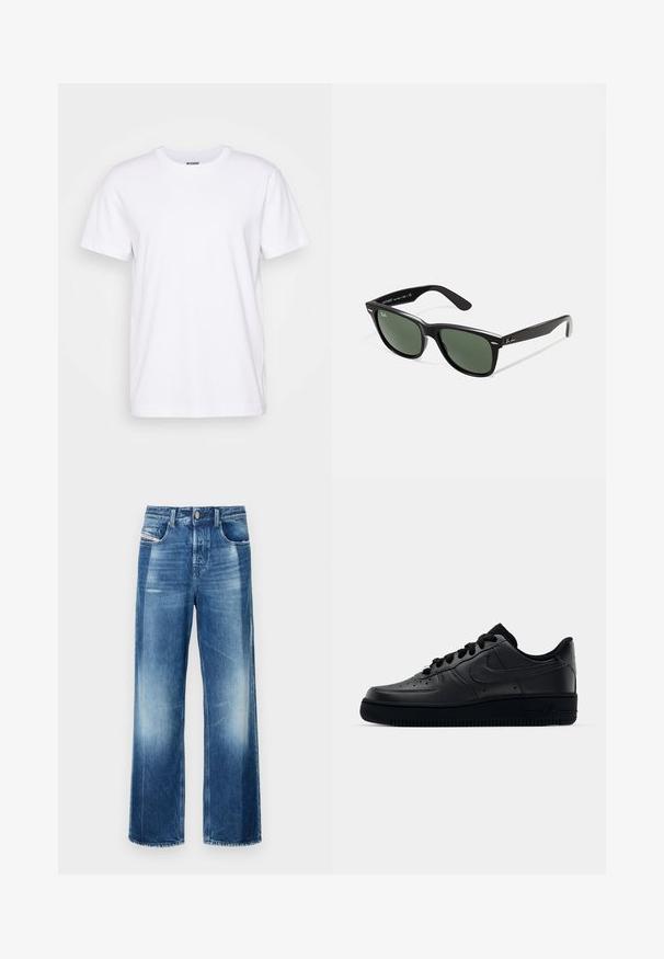 White cotton t-shirt with a crew neckline and short sleeves. Features a straight cut and the brand name "WEEKDAY" printed inside the collar.; Wide-leg denim jeans in medium blue, featuring a button closure, front pockets, and slight fading. Clean hem with a straight cut.; Black Nike Air Force 1 sneaker with a smooth leather upper, perforated toe for breathability, black laces, and a textured rubber sole.; Black plastic sunglasses with green lenses, square frames, silver accent on the brow, and textured temple arms. Stated brand on inner arm.