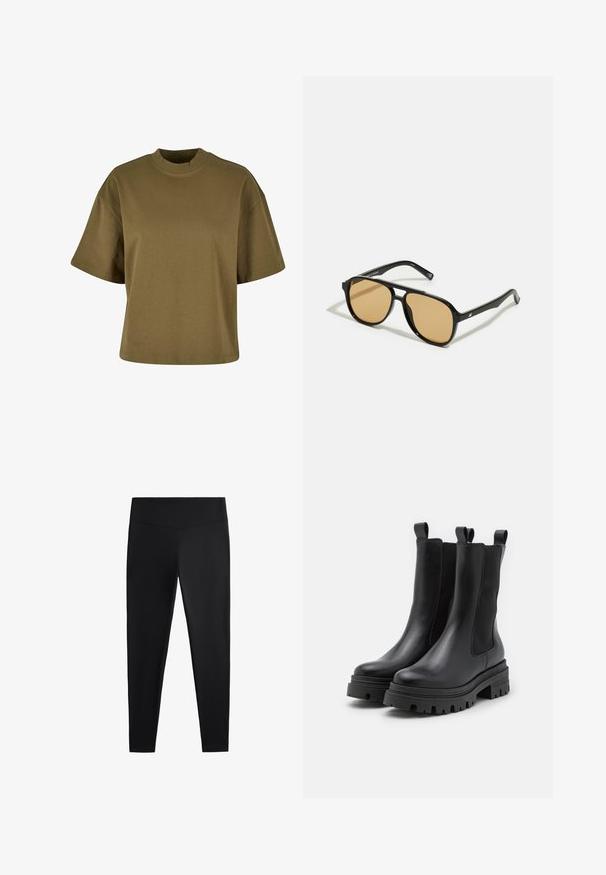 Oliwkowa bawełniana koszulka z wysokim, zaokrąglonym dekoltem, krótkimi rękawami i luźnym fasonem. Gładka tekstura, bez widocznych wzorów czy akcentów.; Czarne legginsy wykonane z gładkiego, elastycznego materiału. Posiadają szeroki pas oraz zwężany krój nogawek, odpowiednie zarówno do aktywności fizycznej, jak i na co dzień.; Czarne skórzane botki za kostkę z elastycznymi panelami bocznymi i pętelkami do zakładania. Masywne gumowe podeszwy z głębokimi wzorami bieżnika dla lepszej przyczepności.; Czarne okulary przeciwsłoneczne z brązowymi szkłami; prostokątny kształt z grubą oprawą, z delikatnymi akcentami na zausznikach.