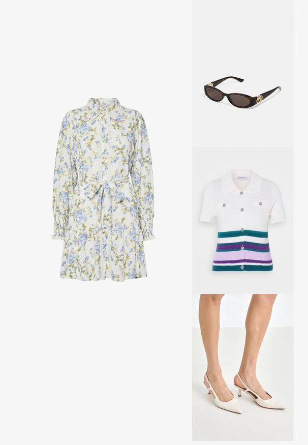 Cardigan de manga corta en blanco con textura de punto. Presenta un cuello con solapa, botones y rayas horizontales en azul verdoso, púrpura y lavanda.; Vestido floral en blanco con flores azules y verdes, con cuello, cierre frontal de botones, mangas largas con puños elásticos y cinturón a la cintura.; Tacones slingback de charol beige con punta afilada y un tacón de 5 cm, con lados recortados y una delgada correa en el tobillo.; Gafas de sol carey con lentes ovalados alargados, tintado marrón, acentos de logo dorado en las patillas y brazos negros elegantes.; Bolso de mano beige con un patrón y forma curva, acentos de cuero y un logo tono dorado en la parte frontal. Cuenta con un asa corta para un fácil transporte.; Collar de perlas y cristales con un diseño redondo y abalorado en tonos suaves, que presenta perlas alternadas y acentos brillantes, llevado alrededor del cuello.