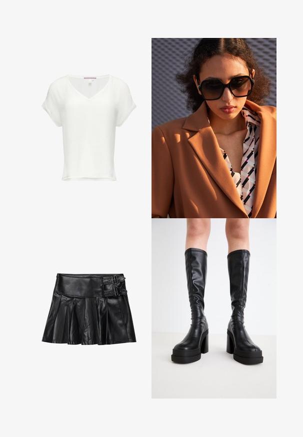 Top bianco a maniche corte con scollatura a V. Realizzato in tessuto morbido, presenta una vestibilità rilassata e un orlo dritto. Etichetta visibile al collo.; Gonna in pelle nera con pieghe, cintura ampia e due dettagli con fibbia ai lati. Texture liscia con una finitura lucida.; Stivali neri al ginocchio in pelle liscia, con una spessa suola platform e tacco a blocco, dotati di cuciture decorative lungo i bordi.; Blazer marrone con ampi revers sopra una camicia a motivi con design geometrici in bianco, nero e rosso. Grandi occhiali da sole neri completano il look.