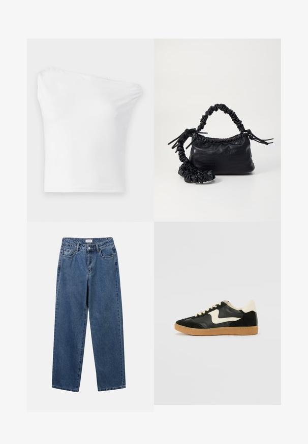 Top bianco a spalla unica realizzato in tessuto liscio. Caratterizzato da un design aderente con un collo asimmetrico e orlo semplice.; Jeans in denim blu classico con design a gamba dritta, cinque tasche e chiusura con bottone. Presentano un lavaggio medio e una trama robusta.; Sneaker nera in suede e pelle con un sorriso laterale crema e un tallone di un leggero crema. Presenta lacci beige e una suola in gomma color caramello.; Borsa a tracolla in ecopelle nera con texture a coccodrillo, apertura cinchata e tracolla arricciata. Si presenta con un design morbido e compatto.