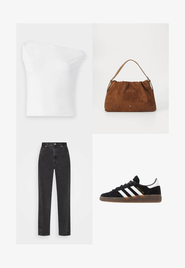 White, one-shoulder top made of smooth fabric. Features a fitted design with an asymmetrical neckline and a simple hem.; Straight-leg black denim jeans with high waist, front button and zipper, and five-pocket styling on a white background.; Black Adidas sneaker with white stripes, gold "Spezial" text, gum sole, and white heel tab, shown in profile view.; Brown suede handbag with a gathered design, featuring a single tan leather strap and a subtle gold logo detail on the front.