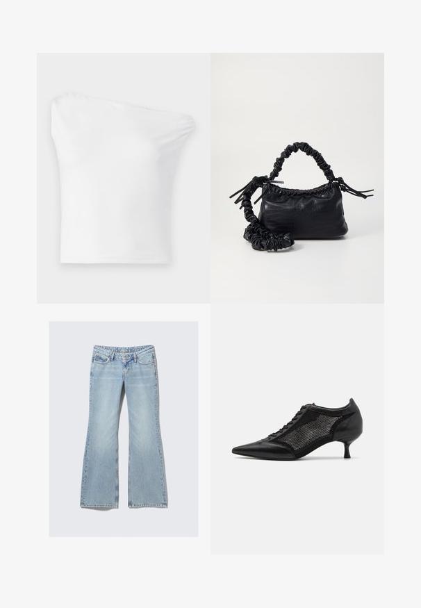 Top alb, cu un umăr, fabricat dintr-un material neted. Prezintă un design ajustat, cu un decolteu asimetric și o margine simplă.; Weekday NOVA - Blugi slim fit - lip blue; Pantofii negri cu vârful ascuțit au un design din panouri de plasă, având un toc mic și șireturi în față. Sunt confecționați dintr-o combinație de piele și material din plasă.; Geantă din faux leather neagră cu textură de crocodil, cu partea superioară strânsă și o curea mototolită. Pare moale și compactă ca design.