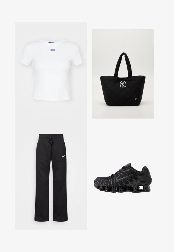Hvit bomull t-skjorte med korte ermer, rund halsutskjæring og et blått rektangulært logo-merke med teksten "HUGO" på midten av framsiden.; Sorte joggebukser laget av en bomullsblanding, med strikk i midjen, rette ben, og en hvit Nike-logo på venstre side.; Sorte joggesko med mesh-overdel og glansfulle detaljer. Har buet fjæringssystem og teksturerte linjer på siden. Nike-logoen er synlig.; Kviltet svart handleveske med doble håndtak, og har et hvitt New York Yankees-logo og et lite merke på siden.