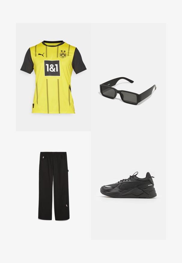 Žltý a čierny športový dres s krátkym rukávom s vertikálnymi pruhmi, s logom, číslom 1&1 v rámčeku a značkou Puma na pleci.; Čierne nohavice s elastickým pásom, dvoma prednými vreckami a malou vyšitou detailom na dolnej časti nohy. Vyrobené z ľahkého materiálu.; Čierne tenisky so štruktúrovaným vrchným materiálom, ktoré kombinujú sieťovinu a syntetické materiály, s hrubou podrážkou a reflexnými detailmi pre lepšiu viditeľnosť.; Čierne slnečné okuliare s obdĺžnikovými šošovkami, matný plastový rám a rovné hrany. Obsahujú logo značky na vnútornej strane ramenka.