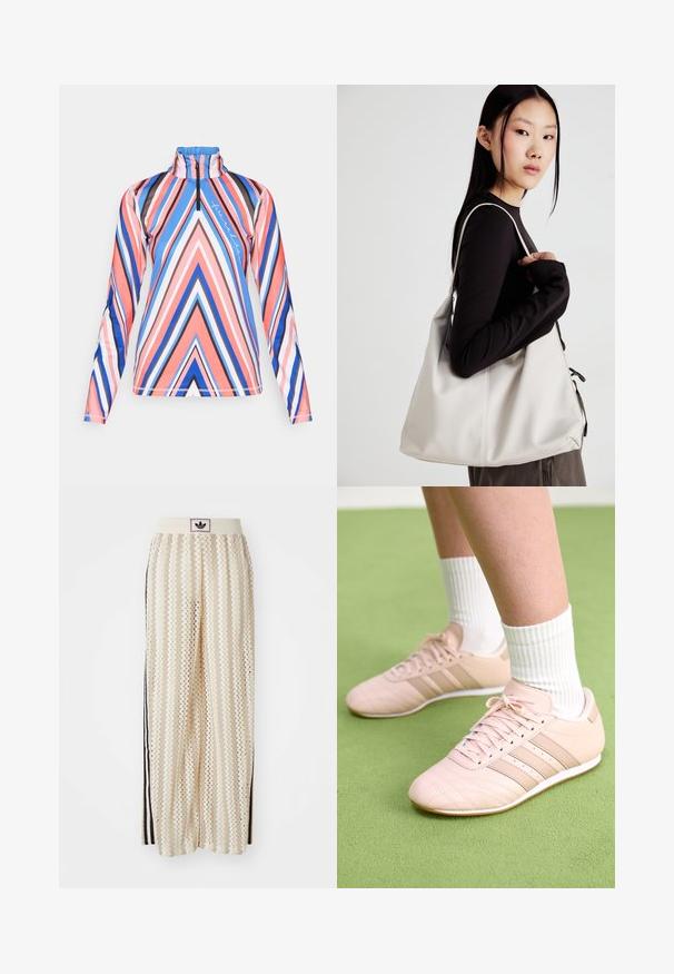 Šviesiai rožinė, mėlyna ir juoda pusiau užtrauktuku ilgomis rankovėmis palaidinė su geometriniais raštais, pasižyminti aukštu apykakle ir minkšta, tampri medžiaga.; Grietos spalvos plačios kelnės su zigzagų raštu, turinčios juodą logotipo juostą ir šonines juodas juosteles. Lengvas, tekstūruotas audinys.; Šviesiai rožiniai sportiniai batai su įstrižai siūtomis detalėmis, baltais pado ir trimis šoninėmis juostomis. Dėvimi su banguotomis baltomis kojinėmis ant žalios paviršiaus.; Bežinė rankinė, pagaminta iš minkštos medžiagos, turinti laisvą dizainą, siuvinėtas detalės ir dvi petnešos. Tinkama kasdieniam naudojimui.